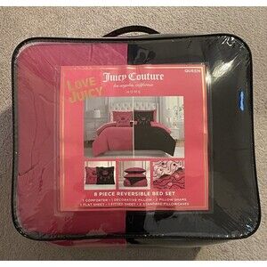 Juicy Couture QUEEN 8 Piece Reversible Bed Set Hot Pink Black Crowns Hearts NEW